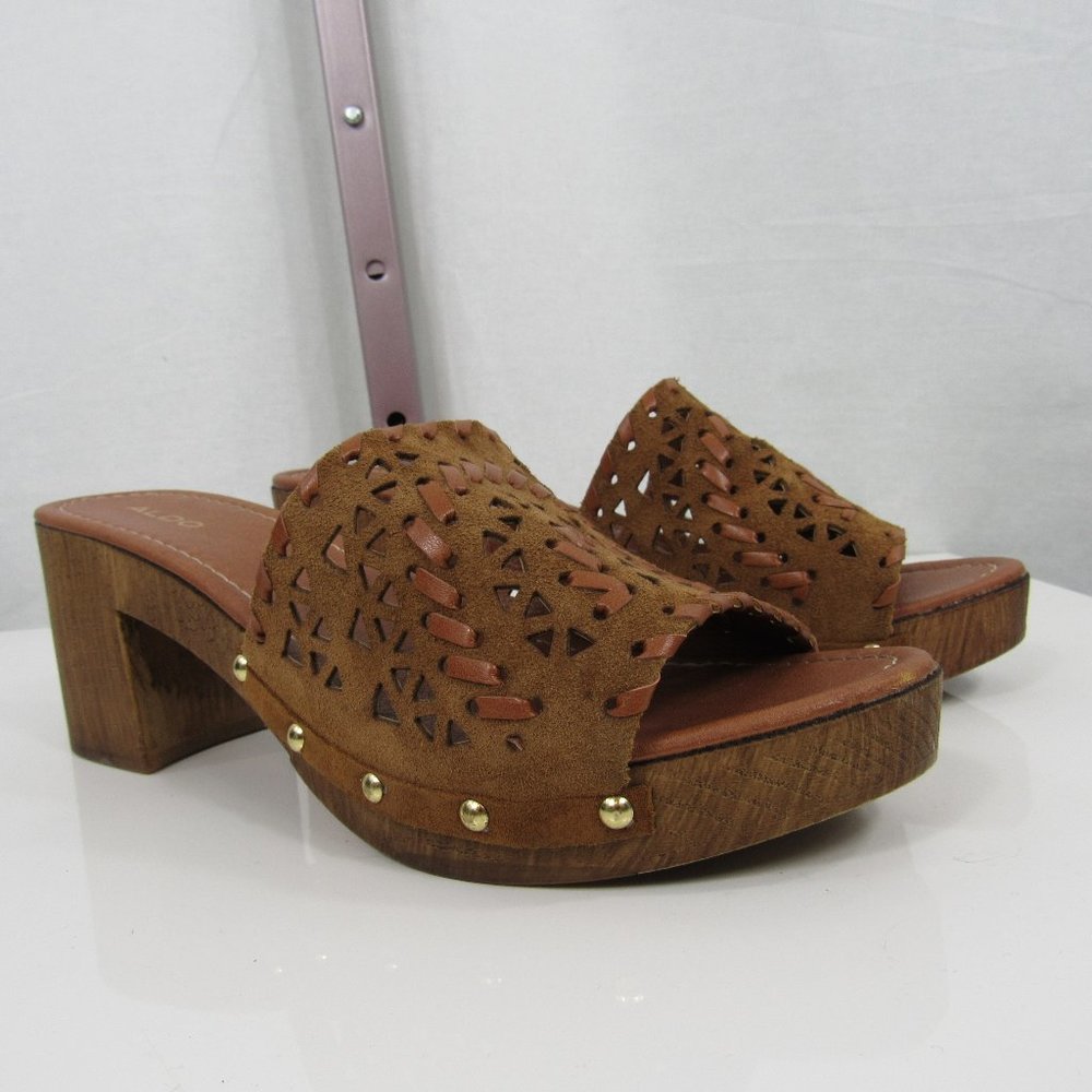 Aldo Deliodien Clogs Tan Brown Leather Cut Out Braided Upper Wooden Heels